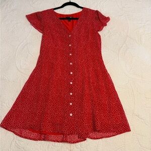 Aqua Red V‑Neck Button‑Front Midi Dress with White Dot Print